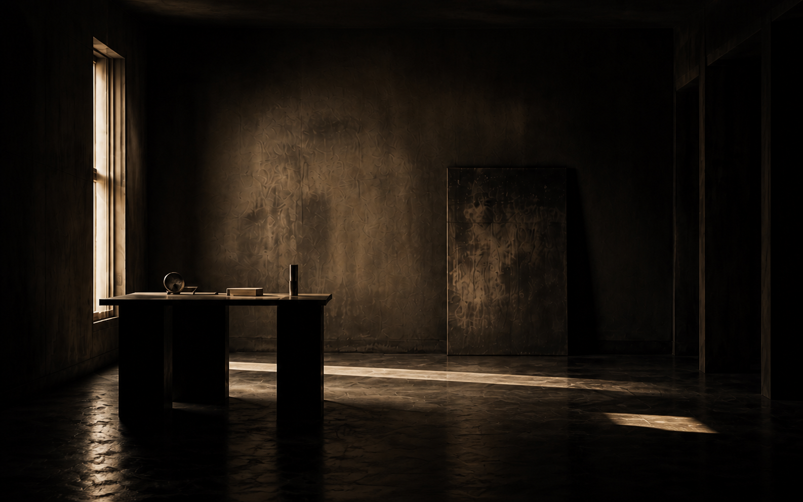 A shadowed studio room with late afternoon light